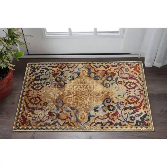 Gold And Red Oriental Distressed Area Rug Photo 1