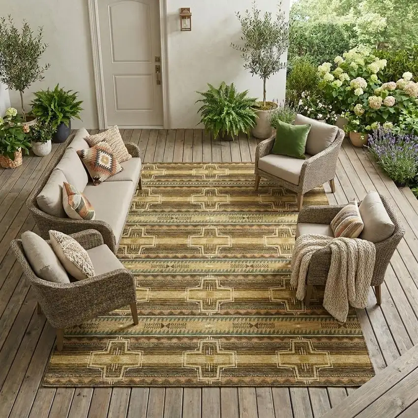 Gold And Red Tribal Washable Indoor Outdoor Area Rug Photo 1