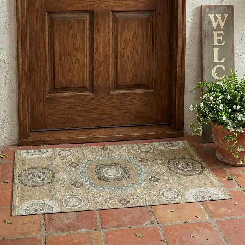 Gold And Sage Oriental Washable Indoor Outdoor Area Rug Photo 1