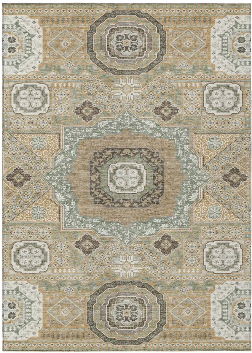 Gold And Sage Oriental Washable Indoor Outdoor Area Rug Photo 2