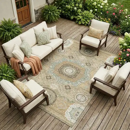 Gold And Sage Oriental Washable Indoor Outdoor Area Rug Photo 1