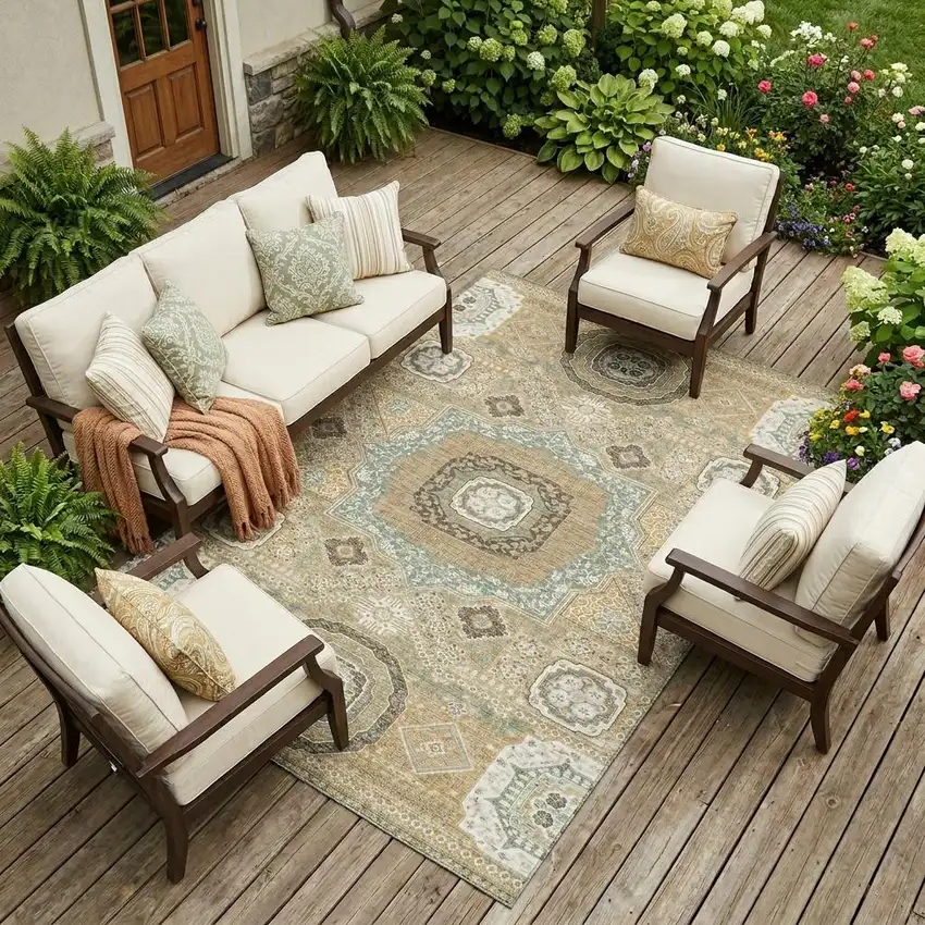 Gold And Sage Oriental Washable Indoor Outdoor Area Rug Photo 1