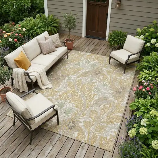 Gold And Silver Botanical Leaves Washable Indoor Outdoor Area Rug Photo 1