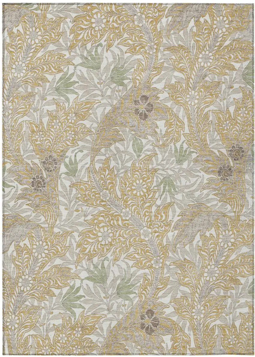 Gold And Silver Botanical Leaves Washable Indoor Outdoor Area Rug Photo 2