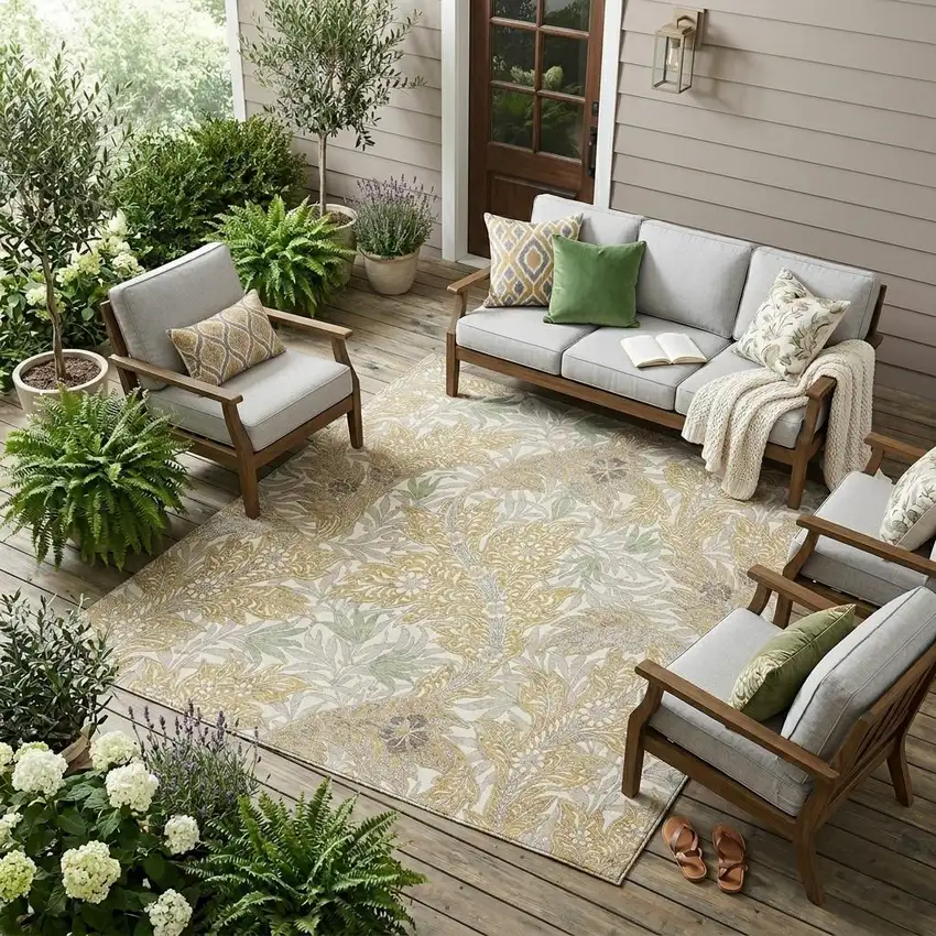 Gold And Silver Botanical Leaves Washable Indoor Outdoor Area Rug Photo 1