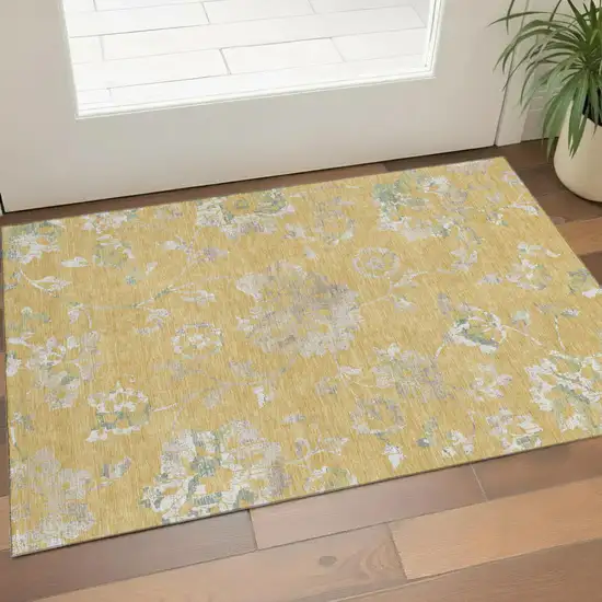 Gold And Silver Floral Washable Area Rug With UV Protection Photo 1
