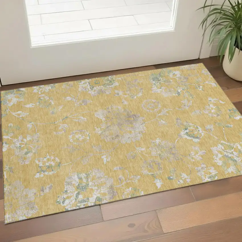 Gold And Silver Floral Washable Area Rug With UV Protection Photo 1