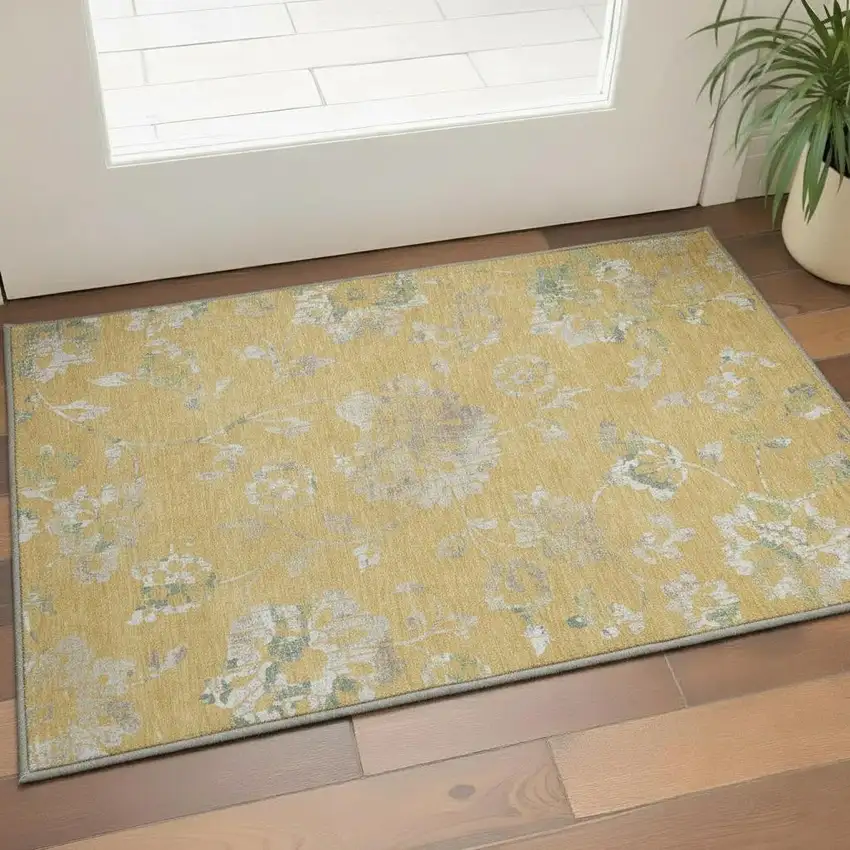 Gold And Silver Floral Washable Area Rug With UV Protection Photo 2