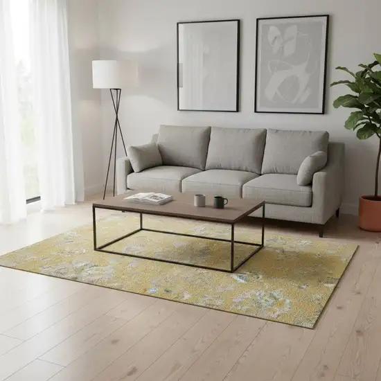 Gold And Silver Floral Washable Area Rug With UV Protection Photo 2