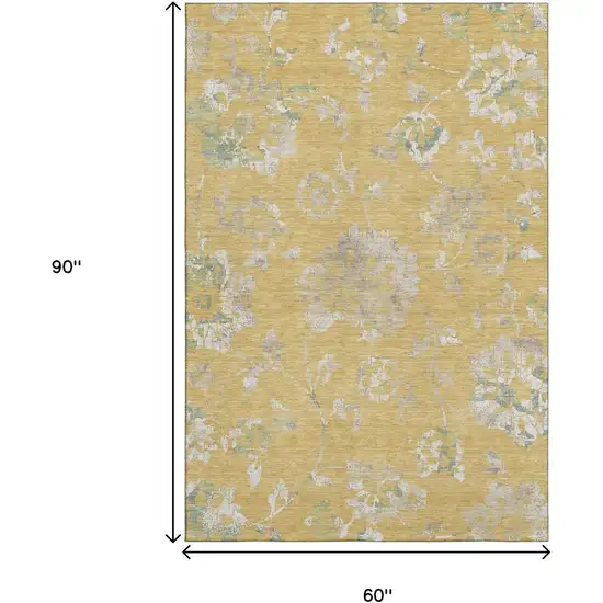 Gold And Silver Floral Washable Area Rug With UV Protection Photo 7
