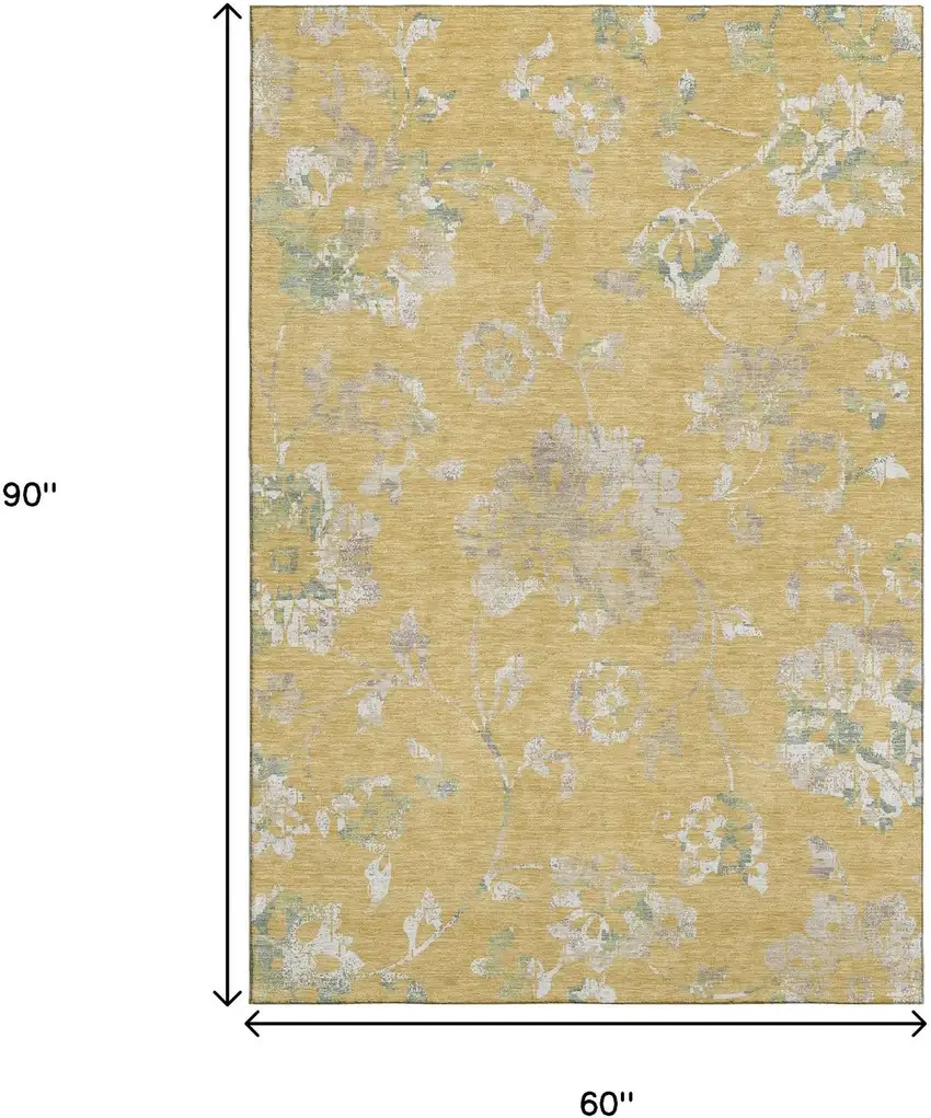 Gold And Silver Floral Washable Area Rug With UV Protection Photo 7