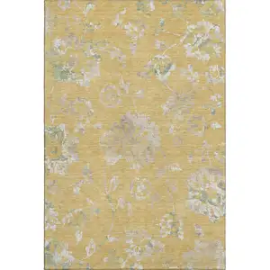 Photo of Gold And Silver Floral Washable Area Rug With UV Protection