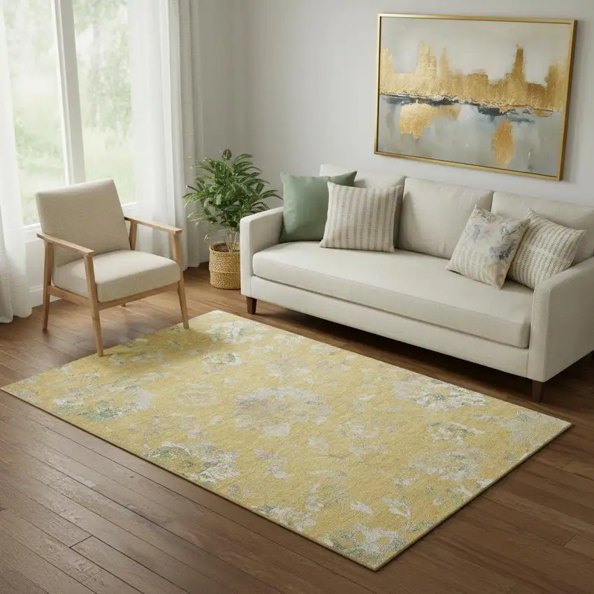 Gold And Silver Floral Washable Area Rug With UV Protection Photo 1