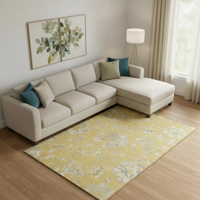 Gold And Silver Floral Washable Area Rug With UV Protection Photo 1