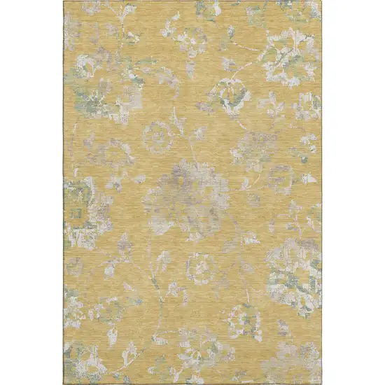 Gold And Silver Floral Washable Area Rug With UV Protection Photo 1