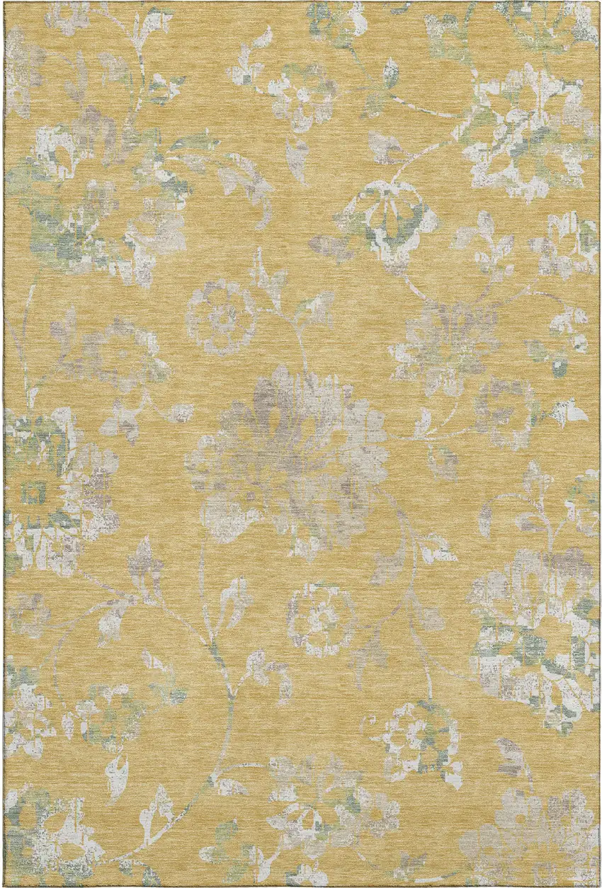 Gold And Silver Floral Washable Area Rug With UV Protection Photo 1