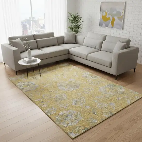 Gold And Silver Floral Washable Area Rug With UV Protection Photo 2