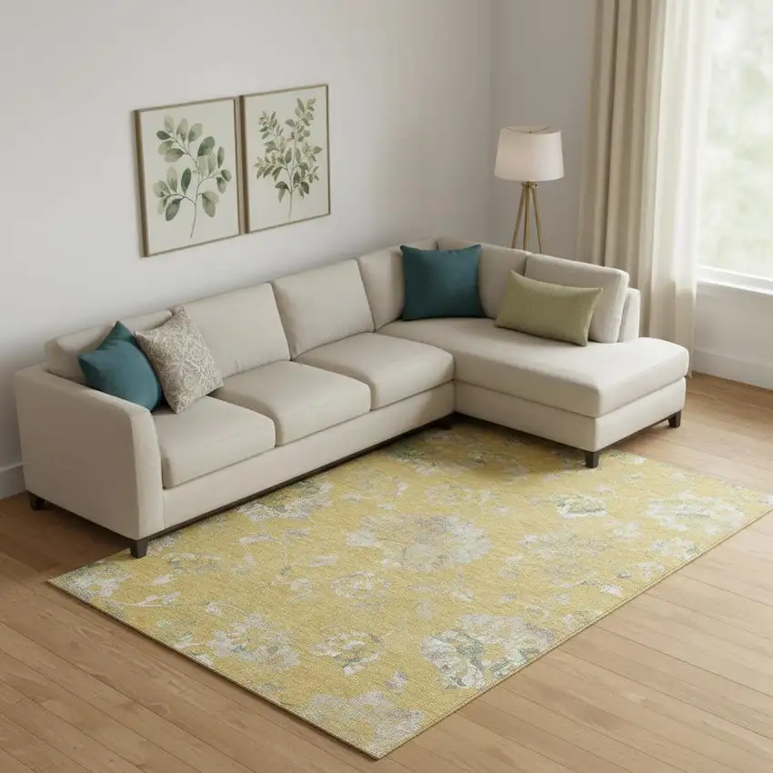 Gold And Silver Floral Washable Area Rug With UV Protection Photo 1