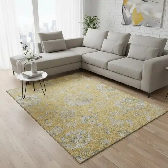Gold And Silver Floral Washable Area Rug With UV Protection Photo 2