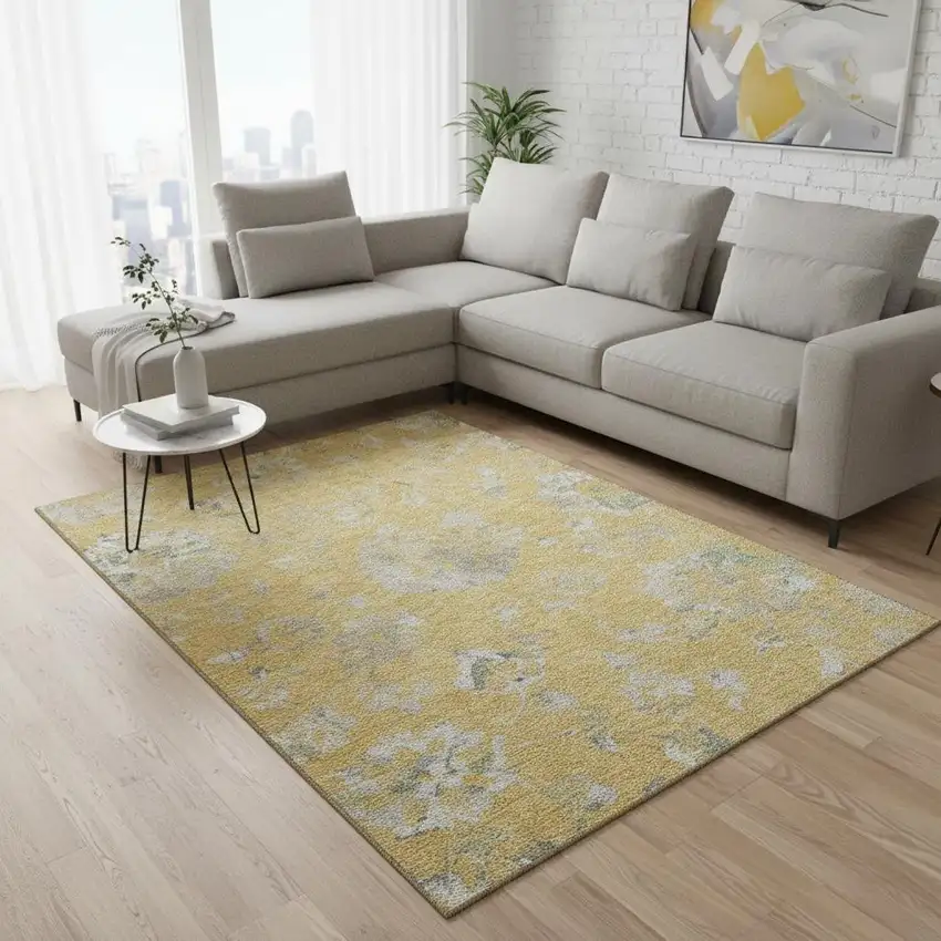 Gold And Silver Floral Washable Area Rug With UV Protection Photo 2