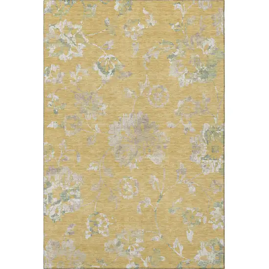 Gold And Silver Floral Washable Area Rug With UV Protection Photo 4