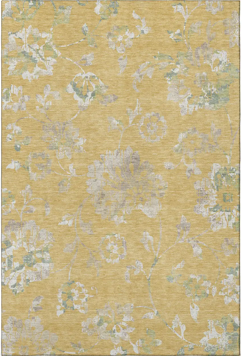Gold And Silver Floral Washable Area Rug With UV Protection Photo 4