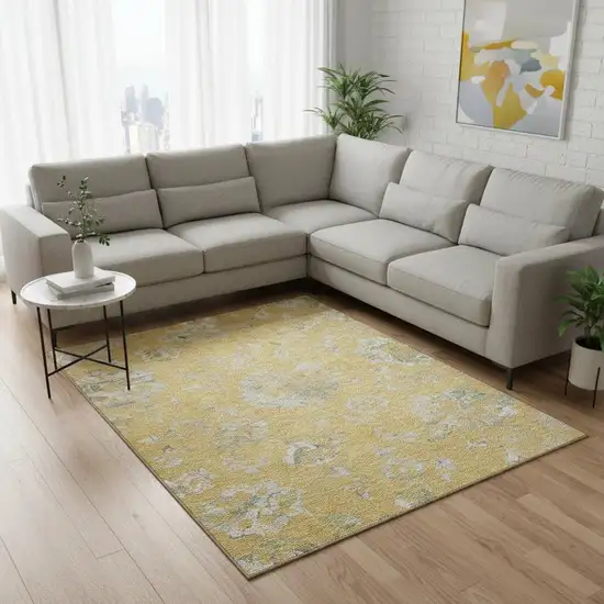 Gold And Silver Floral Washable Area Rug With UV Protection Photo 2