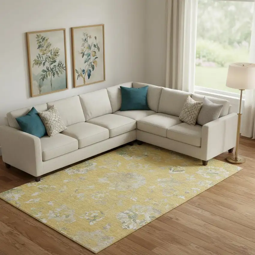 Gold And Silver Floral Washable Area Rug With UV Protection Photo 1