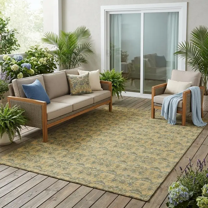 Gold And Silver Floral Washable Indoor Outdoor Area Rug Photo 1