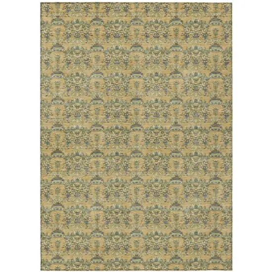 Gold And Silver Floral Washable Indoor Outdoor Area Rug Photo 2