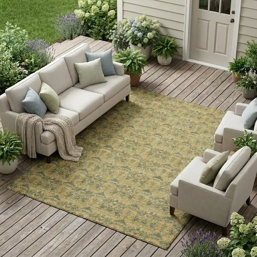 Gold And Silver Floral Washable Indoor Outdoor Area Rug Photo 1