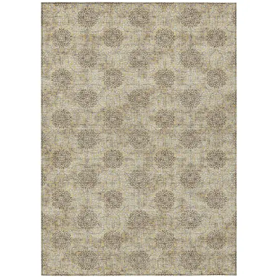 Gold And Taupe Damask Washable Indoor Outdoor Area Rug Photo 2