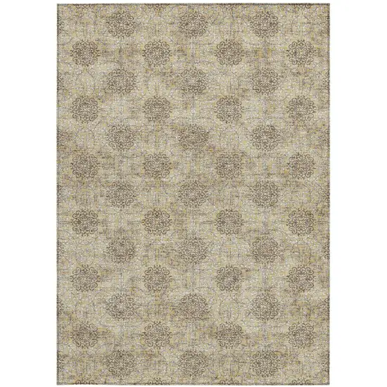 Gold And Taupe Damask Washable Indoor Outdoor Area Rug Photo 3