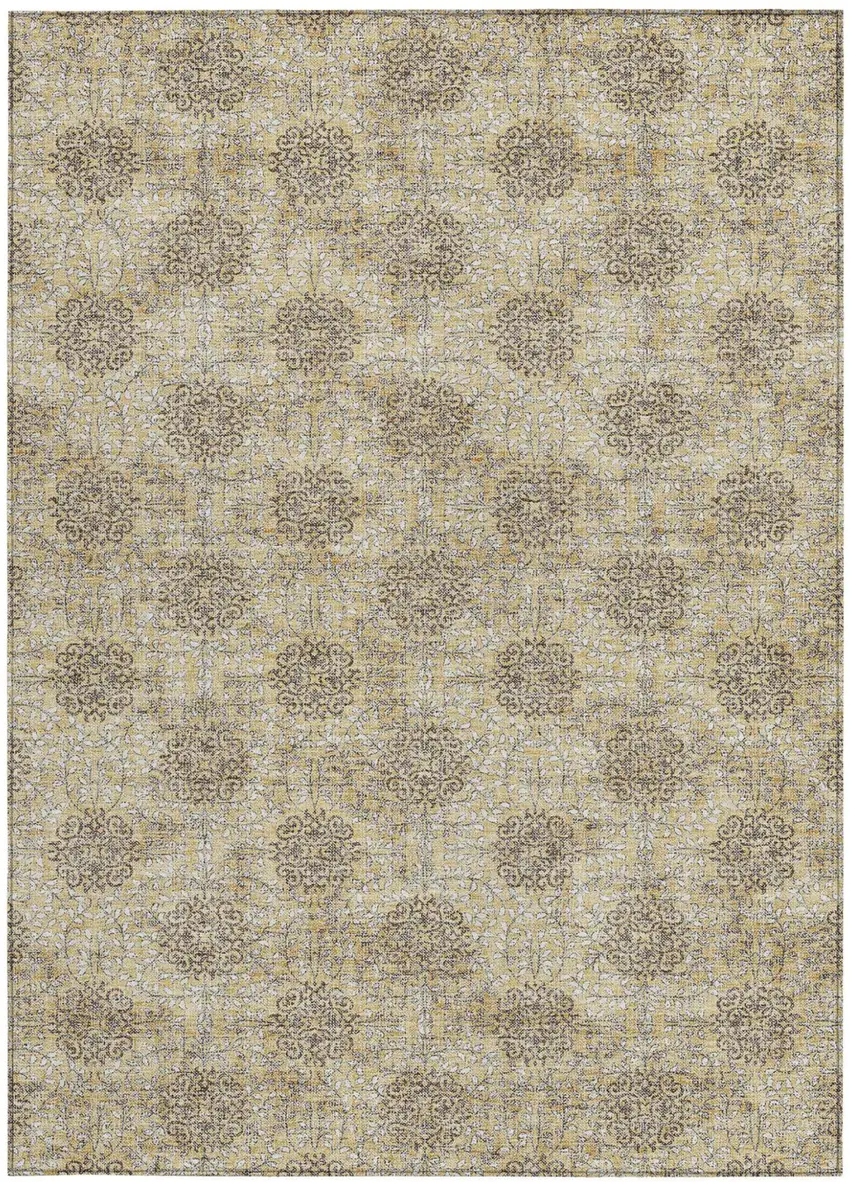 Gold And Taupe Damask Washable Indoor Outdoor Area Rug Photo 3