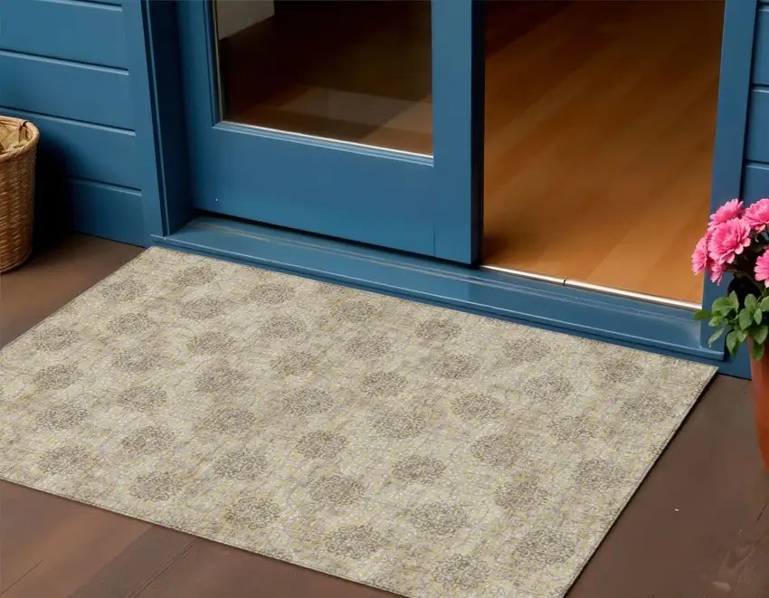 Gold And Taupe Damask Washable Indoor Outdoor Area Rug Photo 1