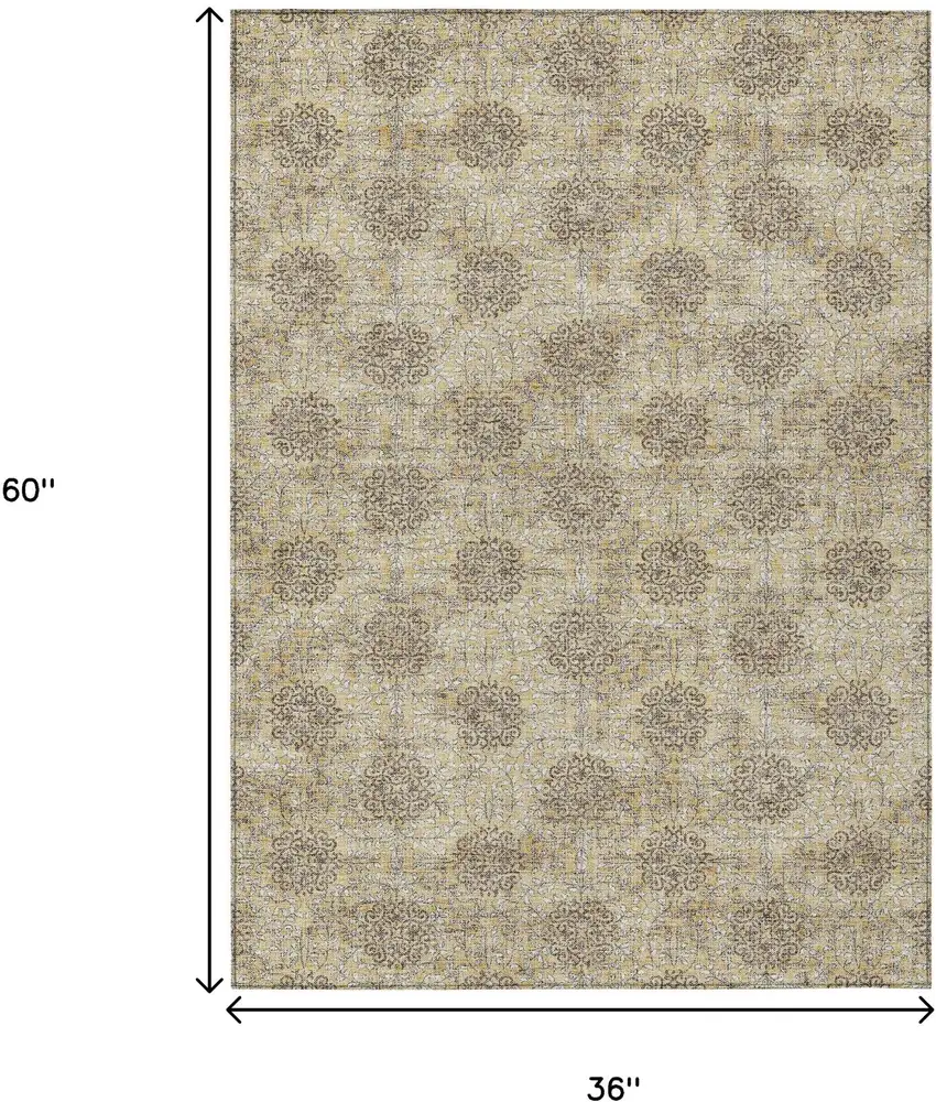 Gold And Taupe Damask Washable Indoor Outdoor Area Rug Photo 9