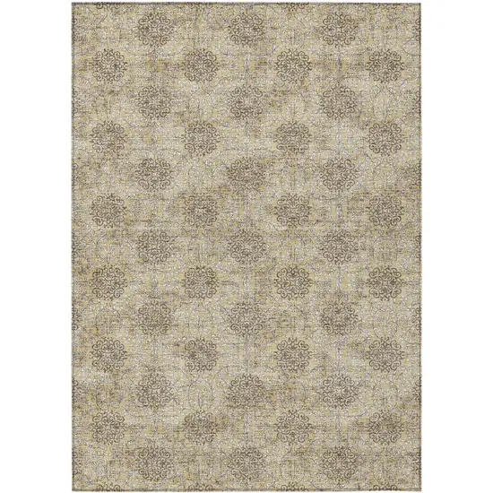 Gold And Taupe Damask Washable Indoor Outdoor Area Rug Photo 1