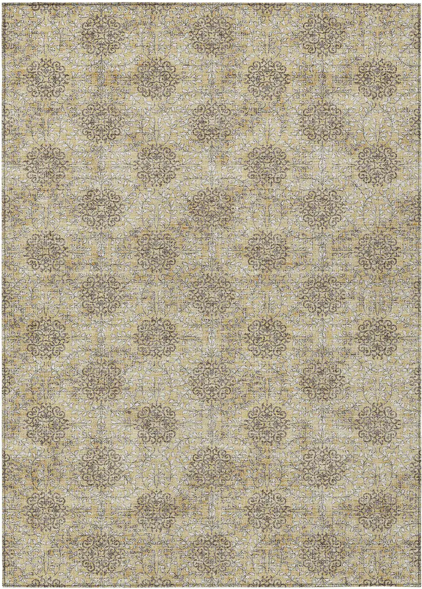 Gold And Taupe Damask Washable Indoor Outdoor Area Rug Photo 1