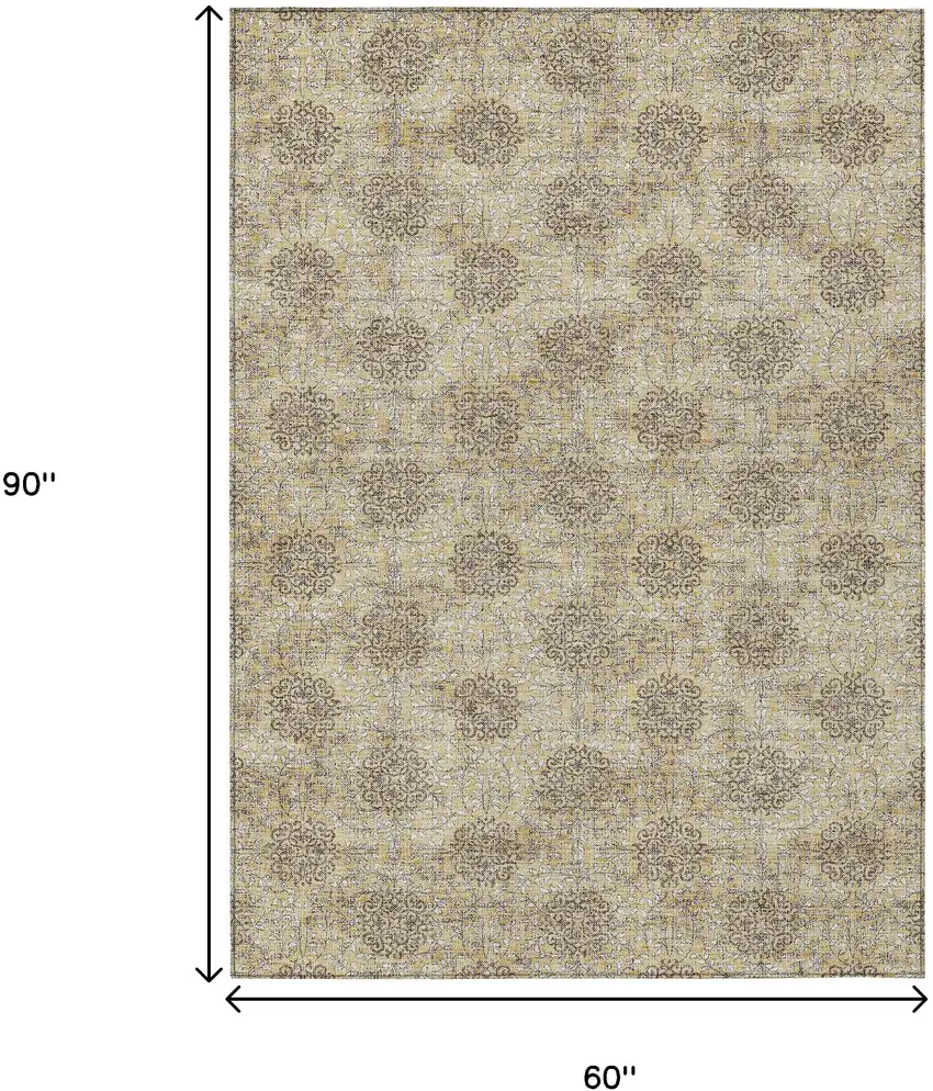Gold And Taupe Damask Washable Indoor Outdoor Area Rug Photo 9