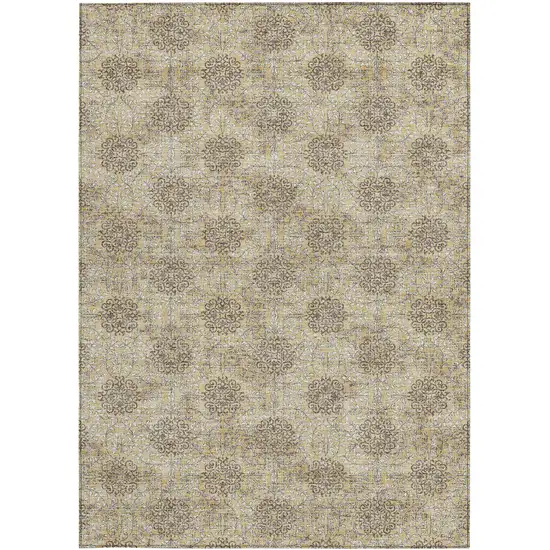 Gold And Taupe Damask Washable Indoor Outdoor Area Rug Photo 3