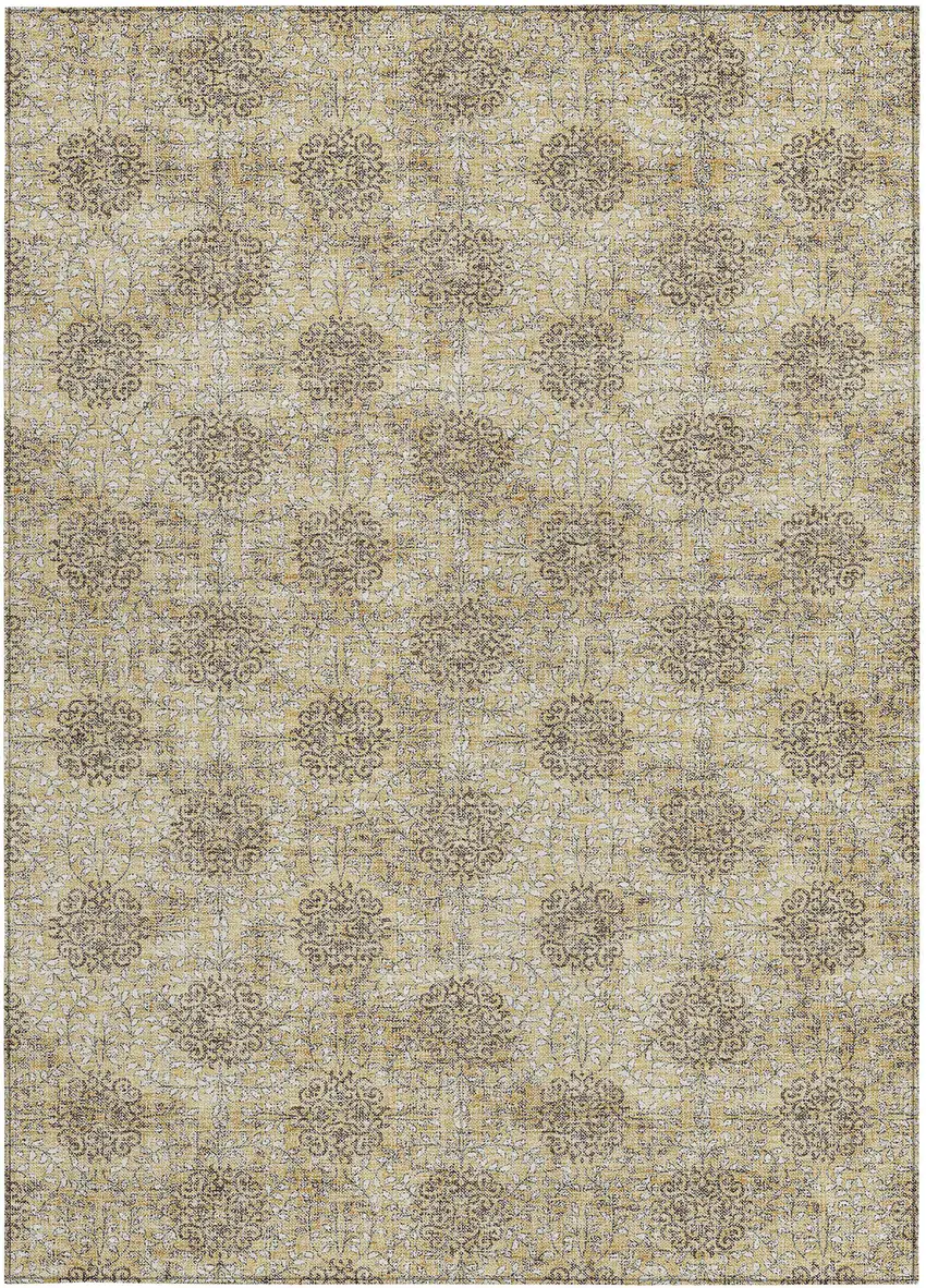 Gold And Taupe Damask Washable Indoor Outdoor Area Rug Photo 3