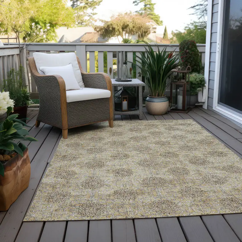 Gold And Taupe Damask Washable Indoor Outdoor Area Rug Photo 5