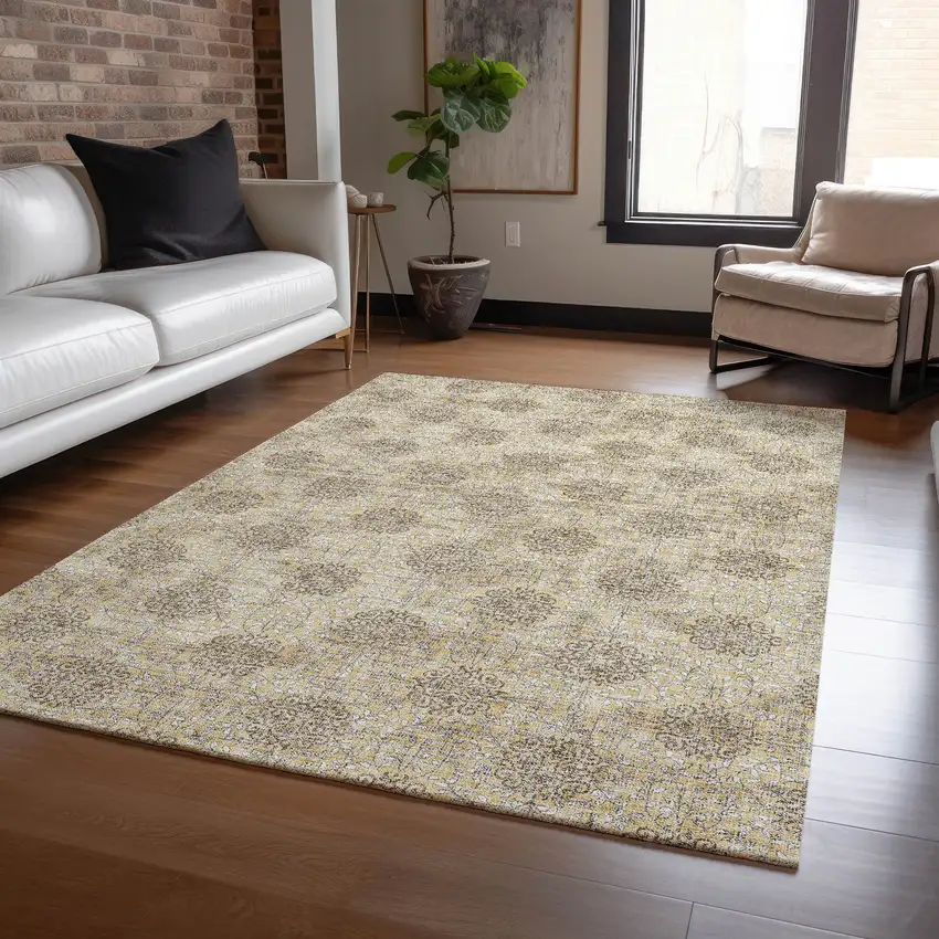 Gold And Taupe Damask Washable Indoor Outdoor Area Rug Photo 7