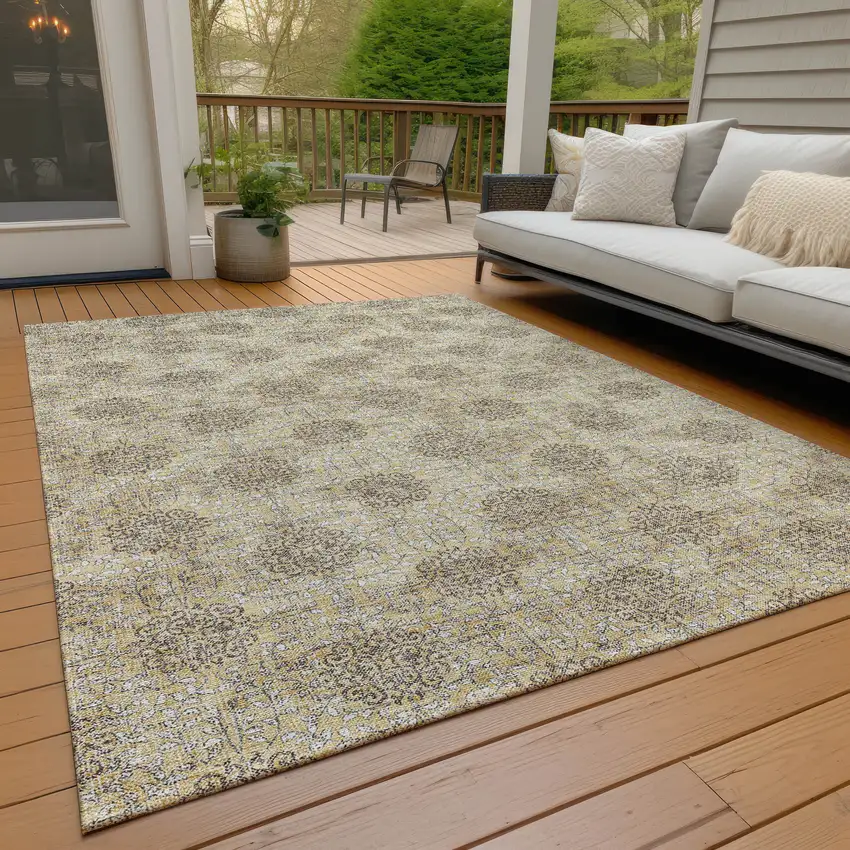 Gold And Taupe Damask Washable Indoor Outdoor Area Rug Photo 8