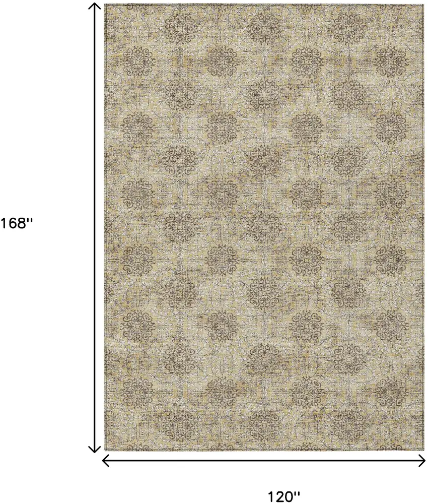 Gold And Taupe Damask Washable Indoor Outdoor Area Rug Photo 9