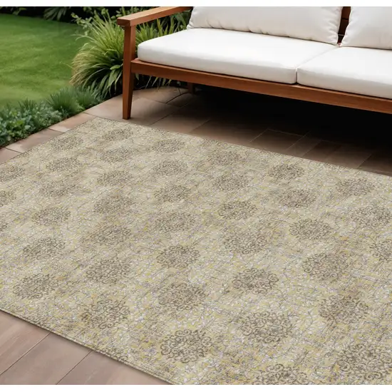 Gold And Taupe Damask Washable Indoor Outdoor Area Rug Photo 2
