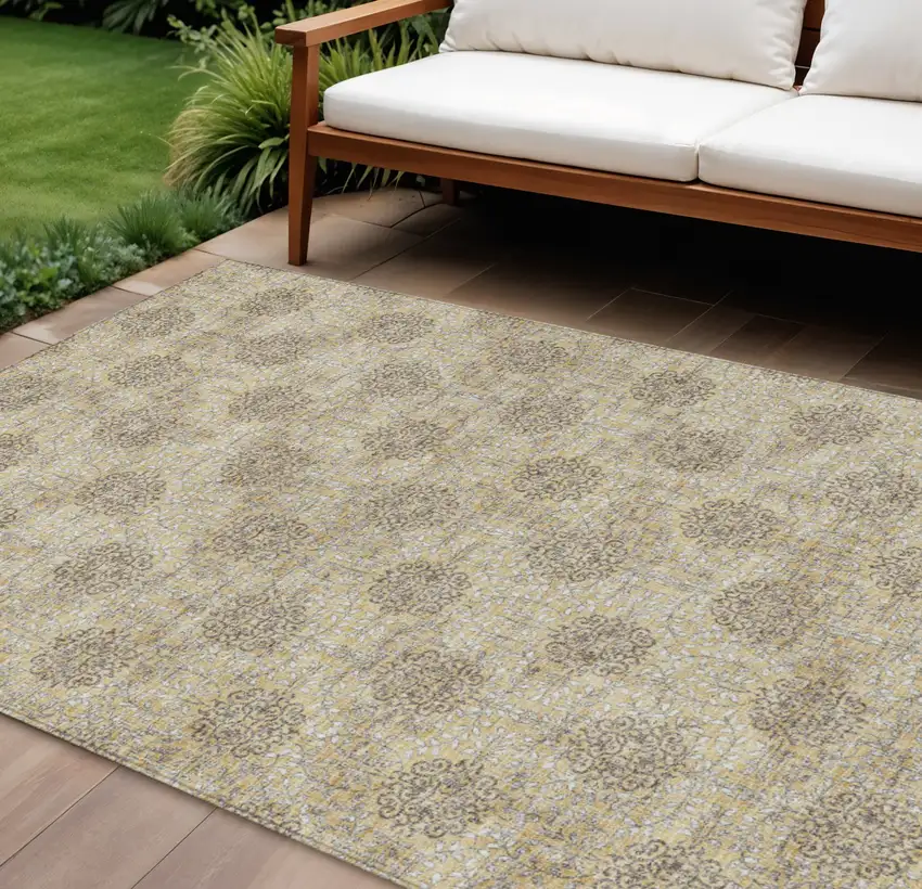 Gold And Taupe Damask Washable Indoor Outdoor Area Rug Photo 2