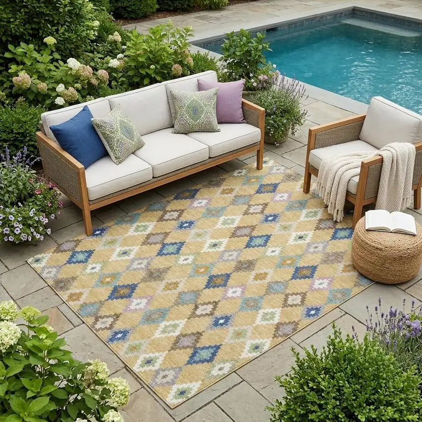 Gold And Teal Blue Aztec Washable Indoor Outdoor Area Rug Photo 1