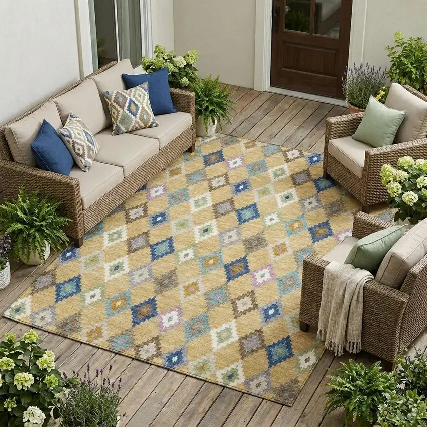 Gold And Teal Blue Aztec Washable Indoor Outdoor Area Rug Photo 1