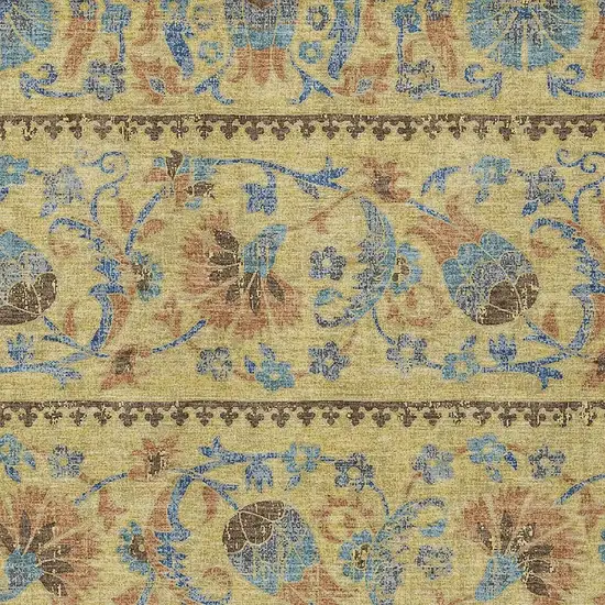 Gold And Teal Blue Floral Washable Indoor Outdoor Area Rug Photo 2
